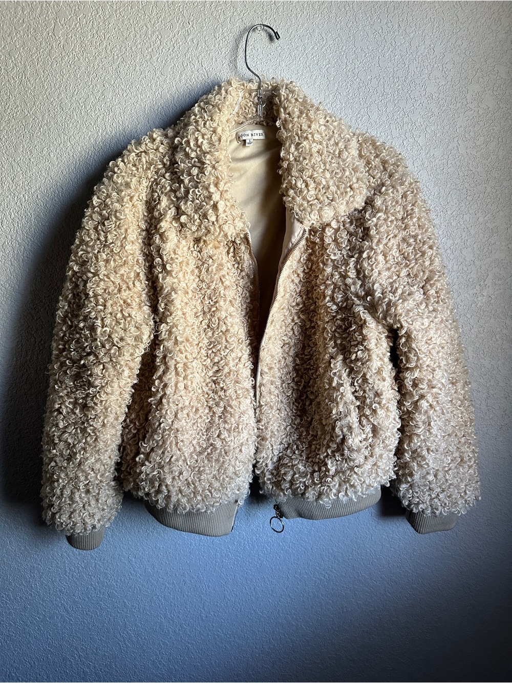 Moon River Curly Teddy Bomber Jacket - Cream